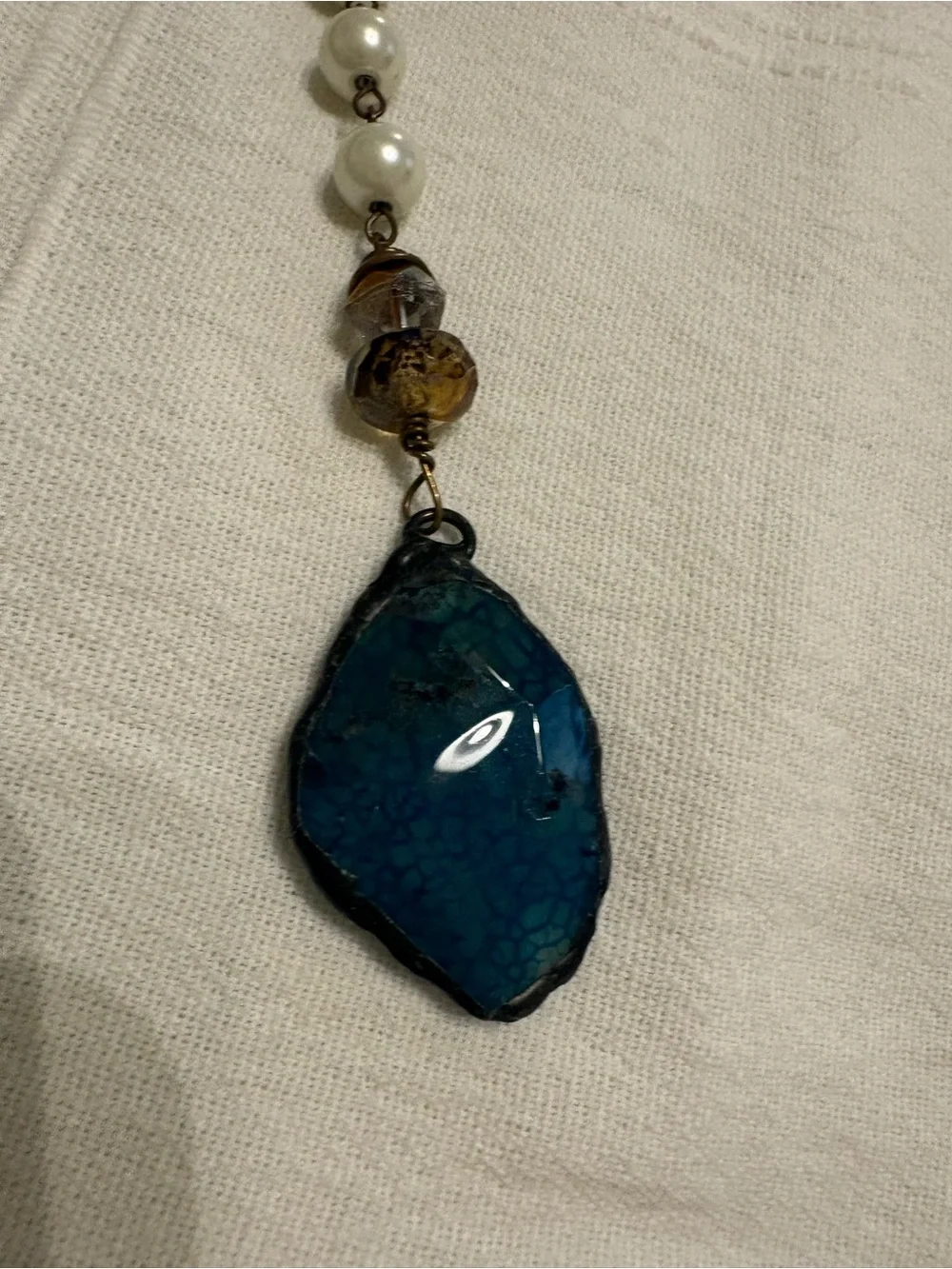 Blue Stone Pendant Necklace with Pearl Accents - Women Jewelry